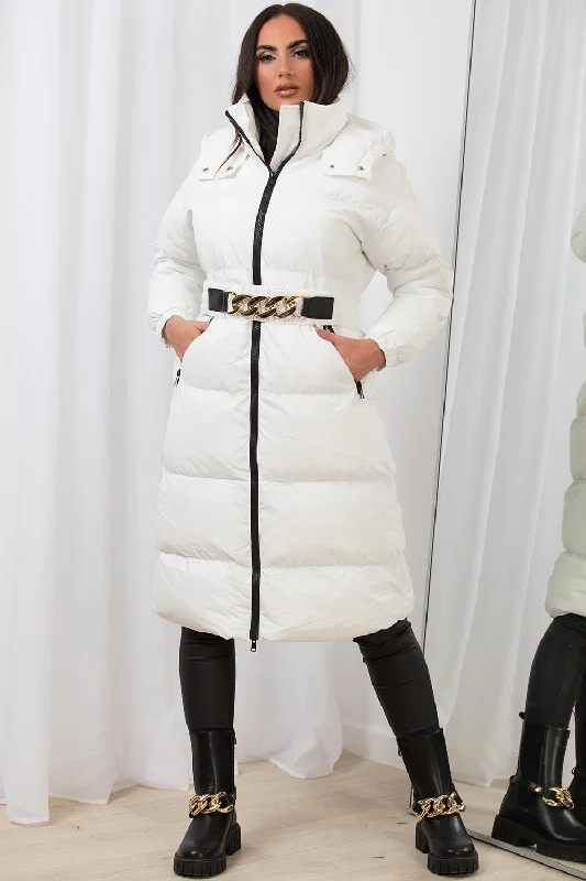 Long Puffer Padded Coat With Gold Chain Belt White