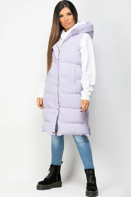 Padded Longline Hooded Gilet Lilac