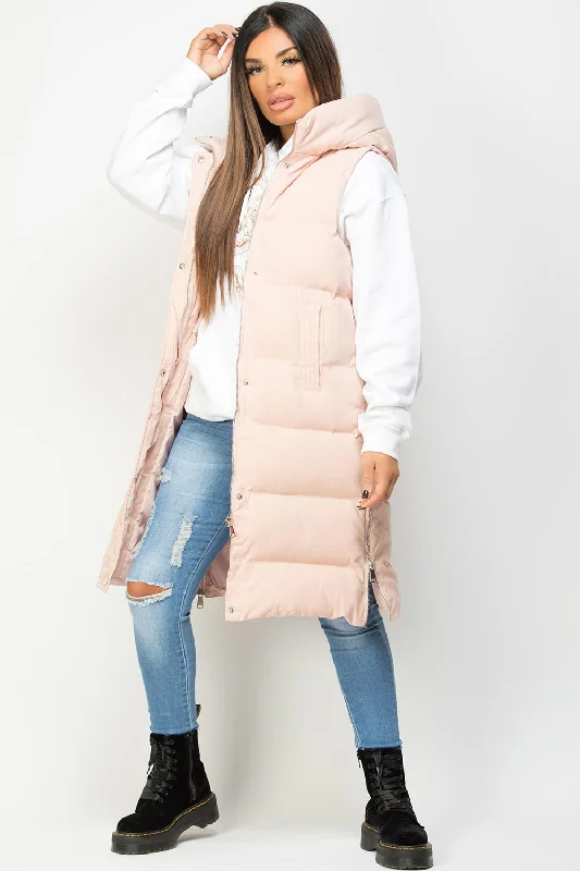 Padded Longline Hooded Gilet Pink