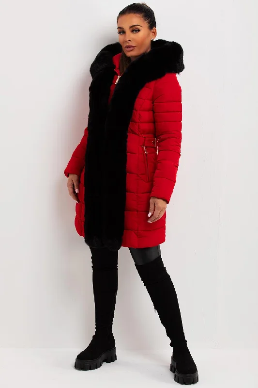 Puffer Padded Coat With Faux Fur Hood Red