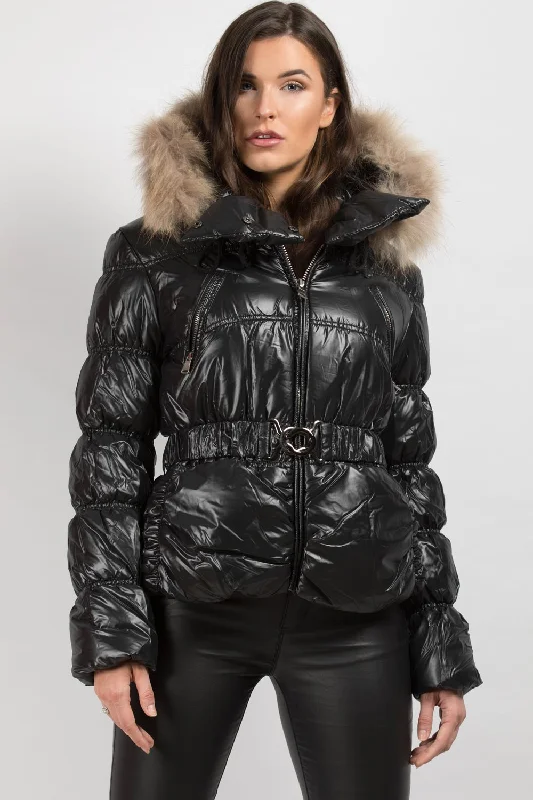 Shiny Puffer Coat With Fur Hood Belted