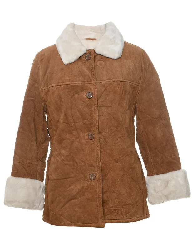 Single Breasted Shearling Lined Brown & White Contrast Suede Jacket - M