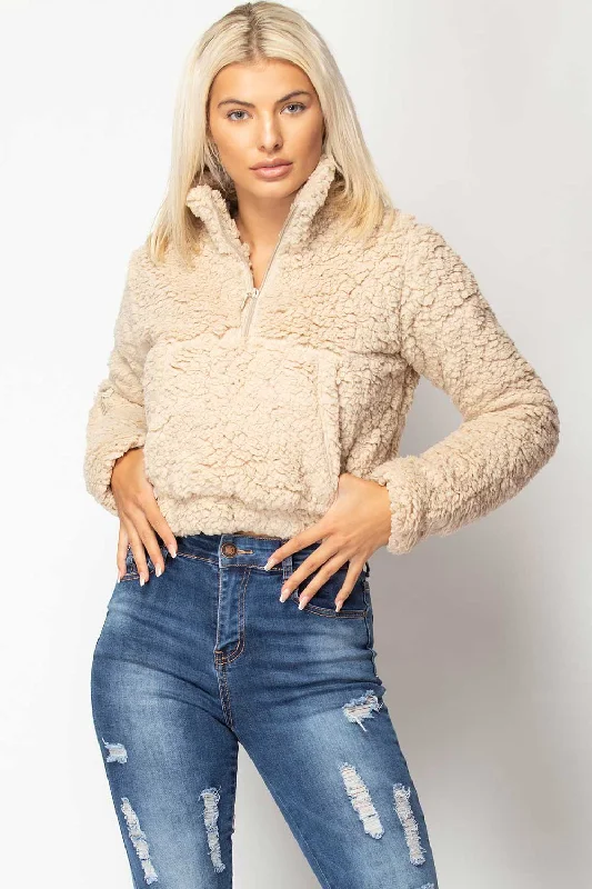 Stone Teddy Faux Fur Zip Front Jumper