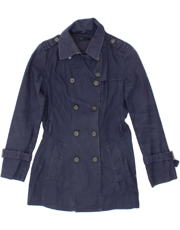 BENETTON Womens Trench Coat IT 44 Medium Navy Blue Cotton