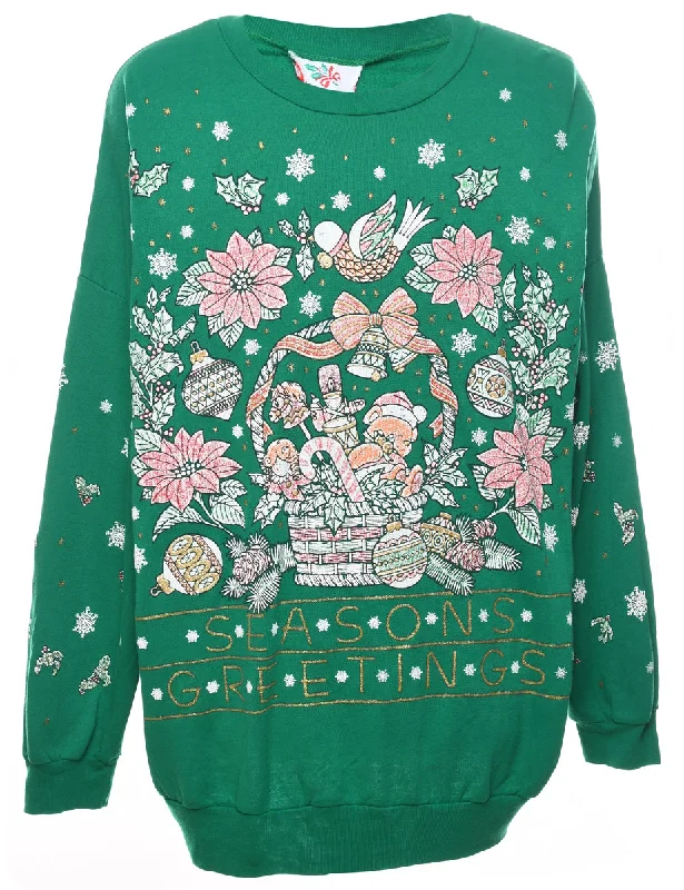 Festive Season Green Printed Christmas Sweatshirt - L