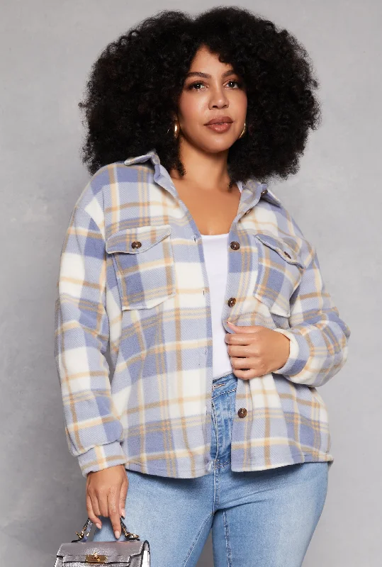 Plus Size Plaid Fleece Button Front Shacket