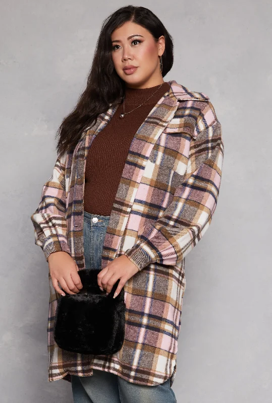 Plus Size Spoon Jeans Plaid Button Front Shacket