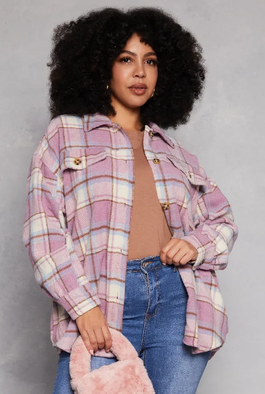 Plus Size Spoon Jeans Plaid Brushed Knit Shacket