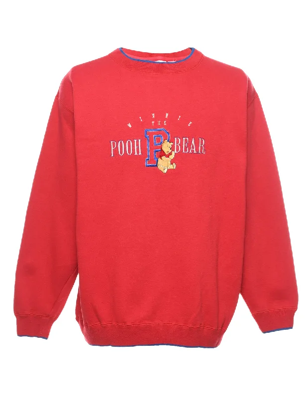 Red Winnie The Pooh Embroidered 1990s Cartoon Sweatshirt - XL