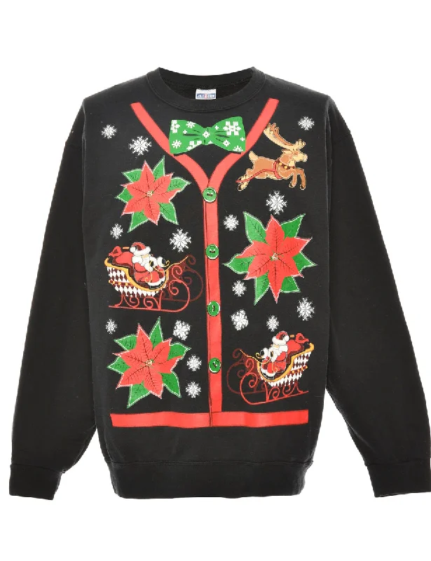 Santa Claus & Reindeer Black Christmas Sweatshirt - L