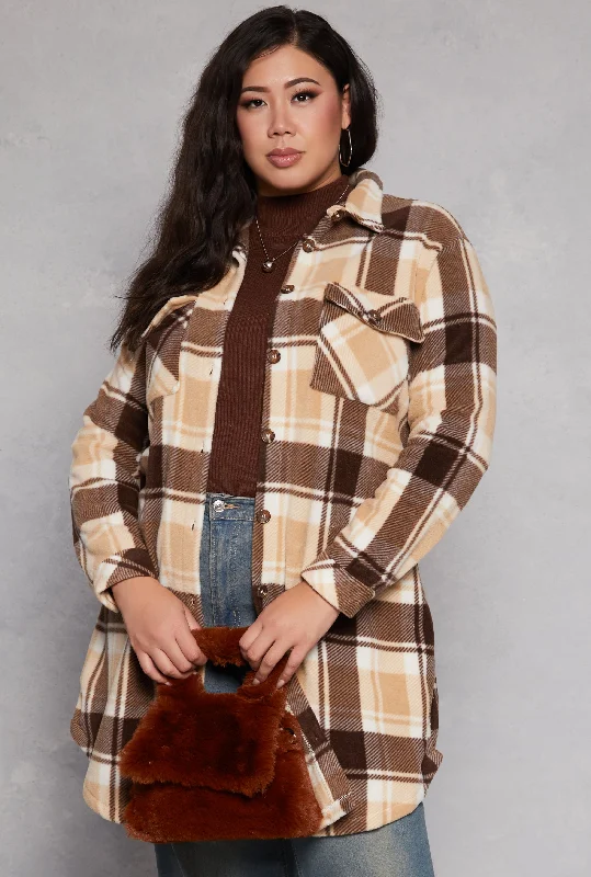 Plus Size Plaid Fleece Long Shacket