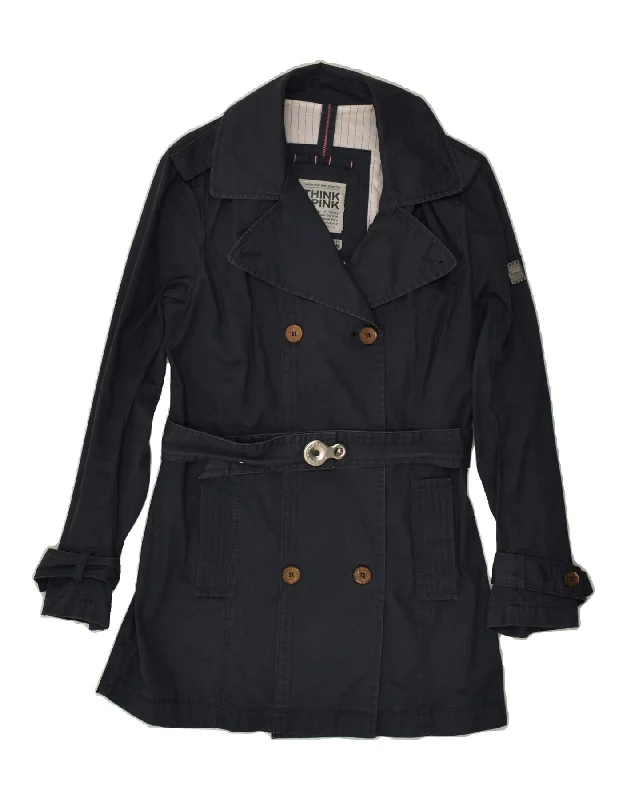 THINK PINK Womens Double Breasted Trench Coat UK 14 Medium  Navy Blue