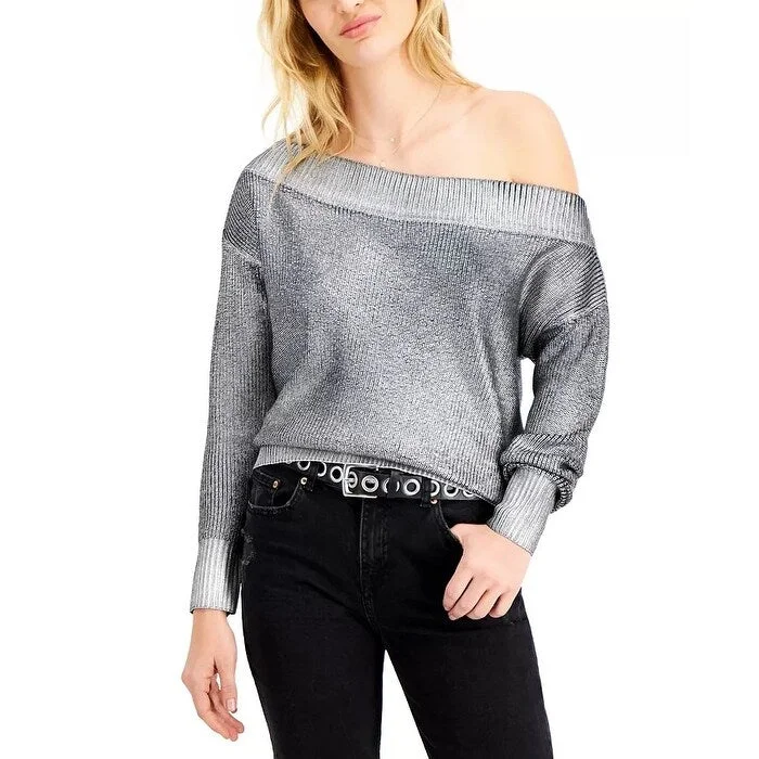 Bar III Women's Coated Off-The-Shoulder Sweater Black Size Large