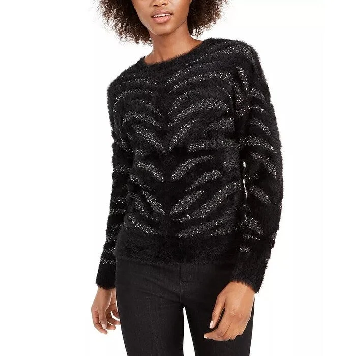 Bar III Women's Zebra Stripe Sequin Eyelash Sweater Black Size Large