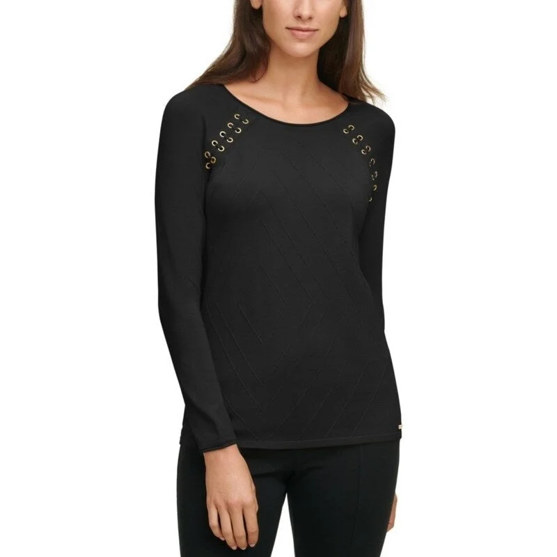 Calvin Klein Women's Lace-Up Raglan-Sleeve Solid Sweater Black Size Small