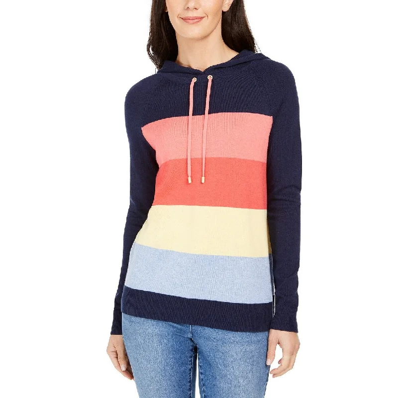 Charter Club Women's Striped Hooded Sweater Blue Size Extra Large