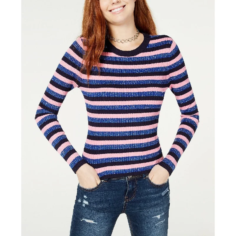 Hooked Up By Iot Juniors' Shine Striped Rib-Knit Sweater Navy Size Medium