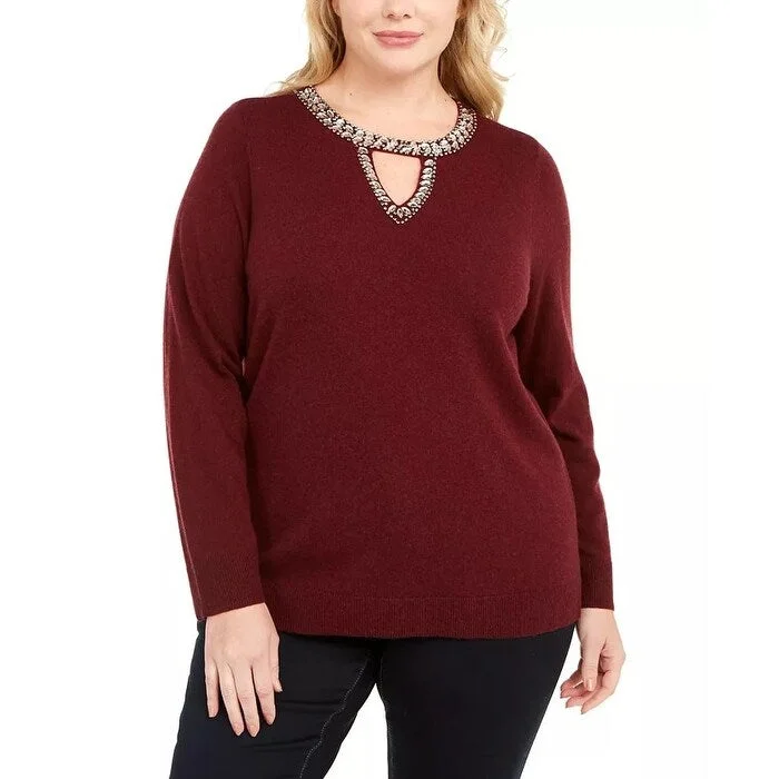 INC International Concepts Women's Embellished Keyhole Sweater Red Size 2X