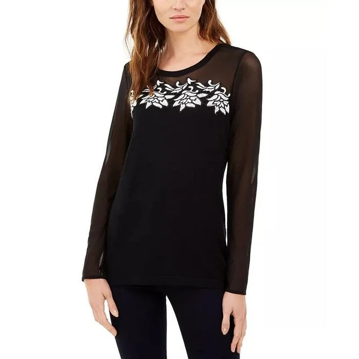 INC International Concepts Women's Lace-Trim Illusion Sweater Black Size Medium