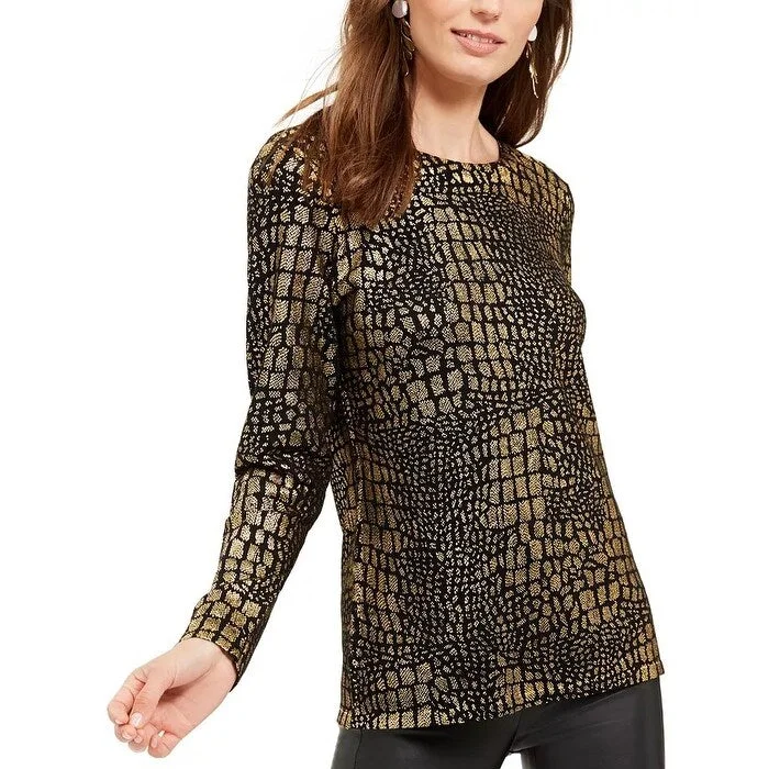 INC International Concepts Women's Reptile-Print Sweater Gold Size S - Small