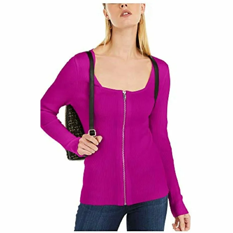 INC International Concepts Women's Square Neck Zip-Front Sweater Magenta Size Extra Small