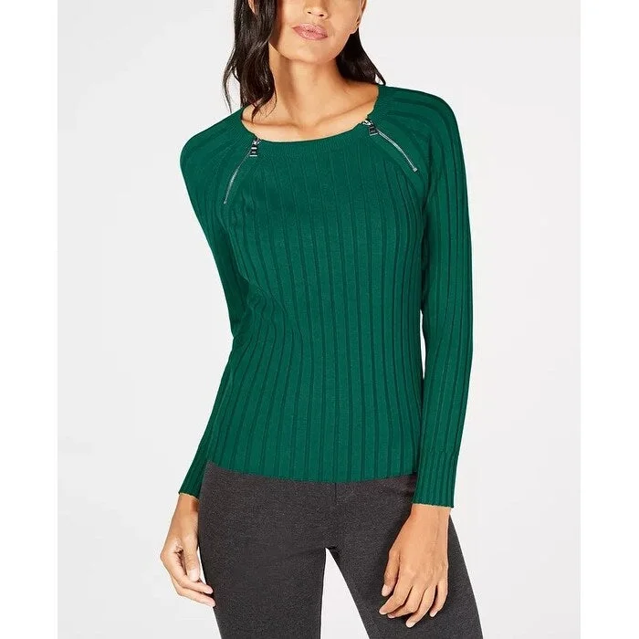 INC International Concepts Women's Zipper-Detail Raglan Sleeve Sweater Green Size Medium