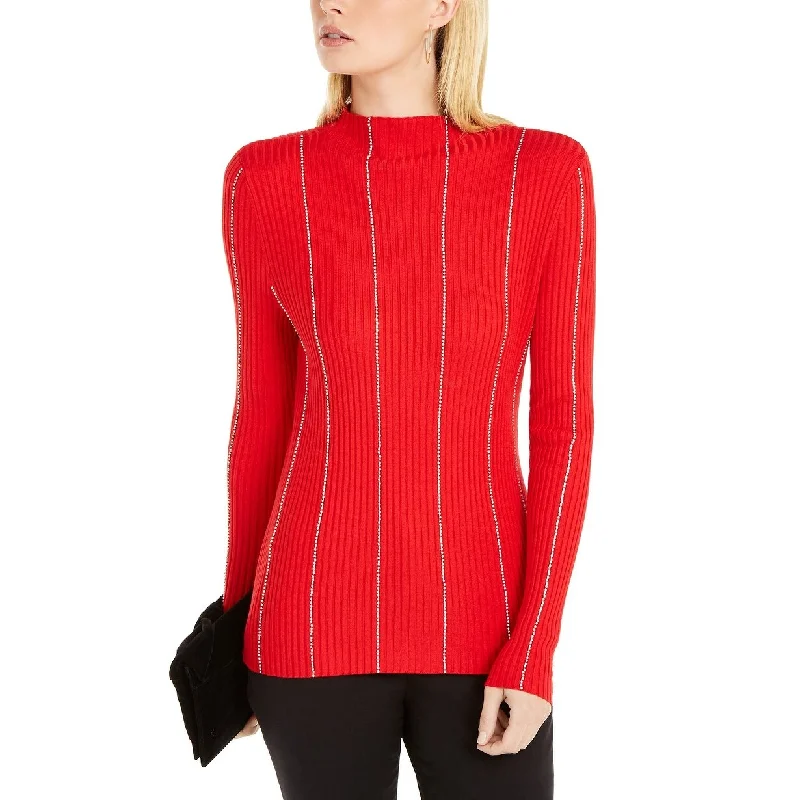 INC Women's Embellished-Stripe Sweater Real Red Size Extra Large