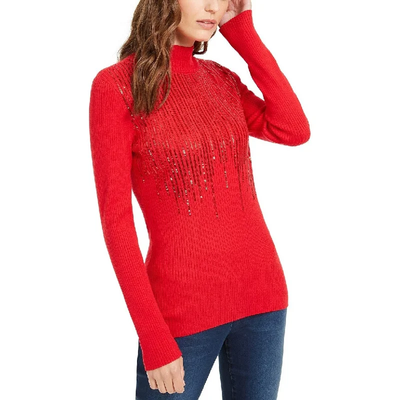 INC Women's Mock-Neck Drip Sequin Sweater Dark Red Size 2 Extra Large