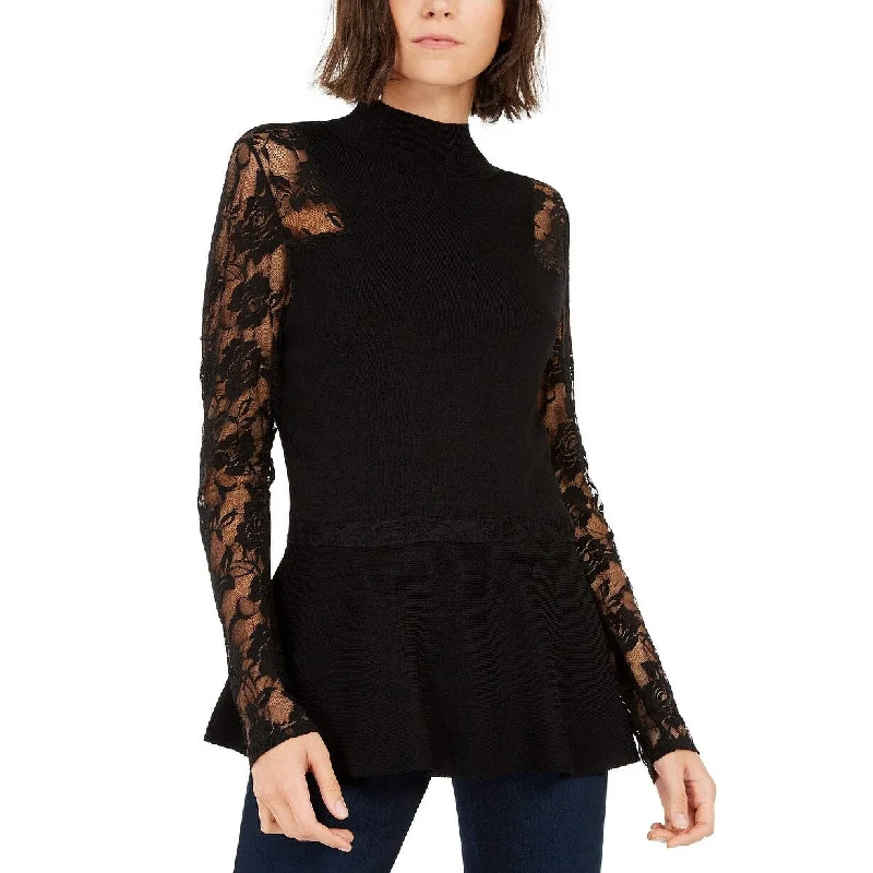 INC Women's Petite Lace Peplum Sweater Black Size Small