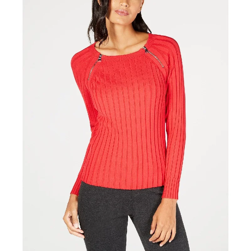 INC Women's Zipper-Detail Raglan Sleeve Sweater Red Size Large