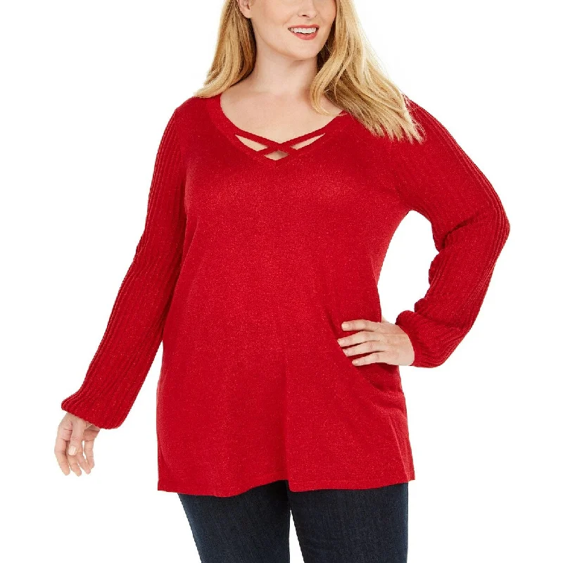 JM Collection Women'sCollection Plus Size Crisscross-Neck Sweater Red Size Extra Large