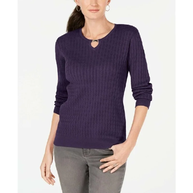 Karen Scott Women's Cotton Cable-Knit Keyhole Sweater Purple Size Large