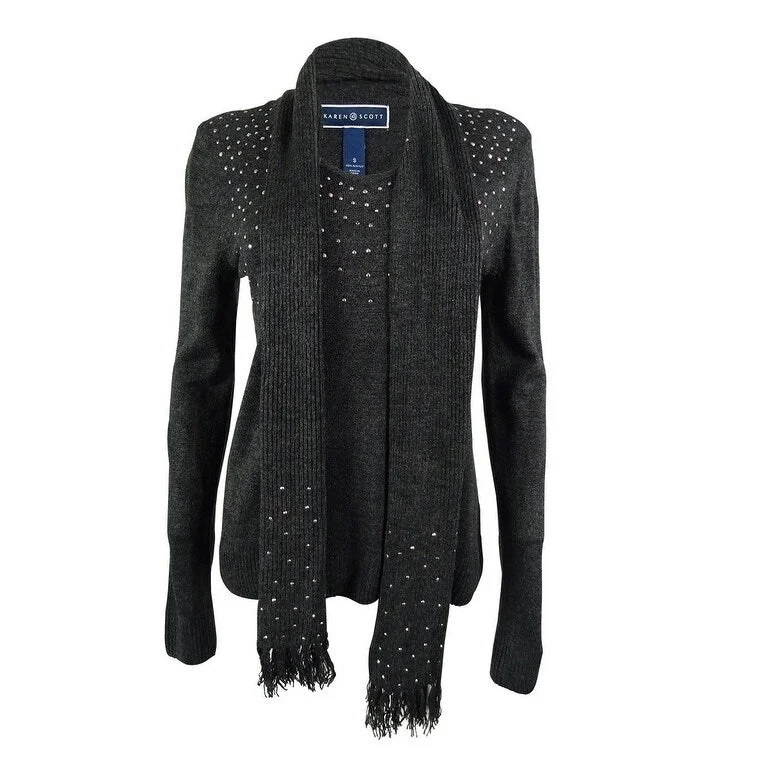 Karen Scott Women's Embellished Scarf Sweater Black Size Medium