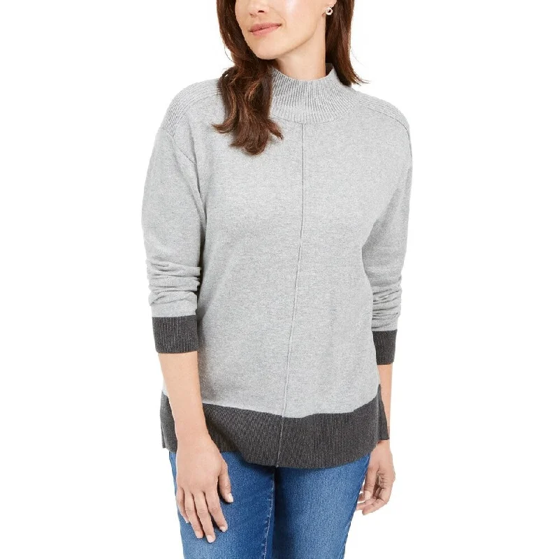 Karen Scott Women's Erin Cotton Colorblocked Mock-Neck Sweater Gray Size Small