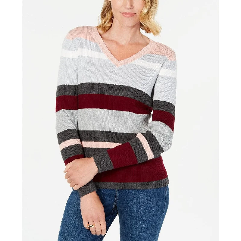 Karen Scott Women's Petite Emma Cotton Striped Sweater Medium Red Size Petite Small