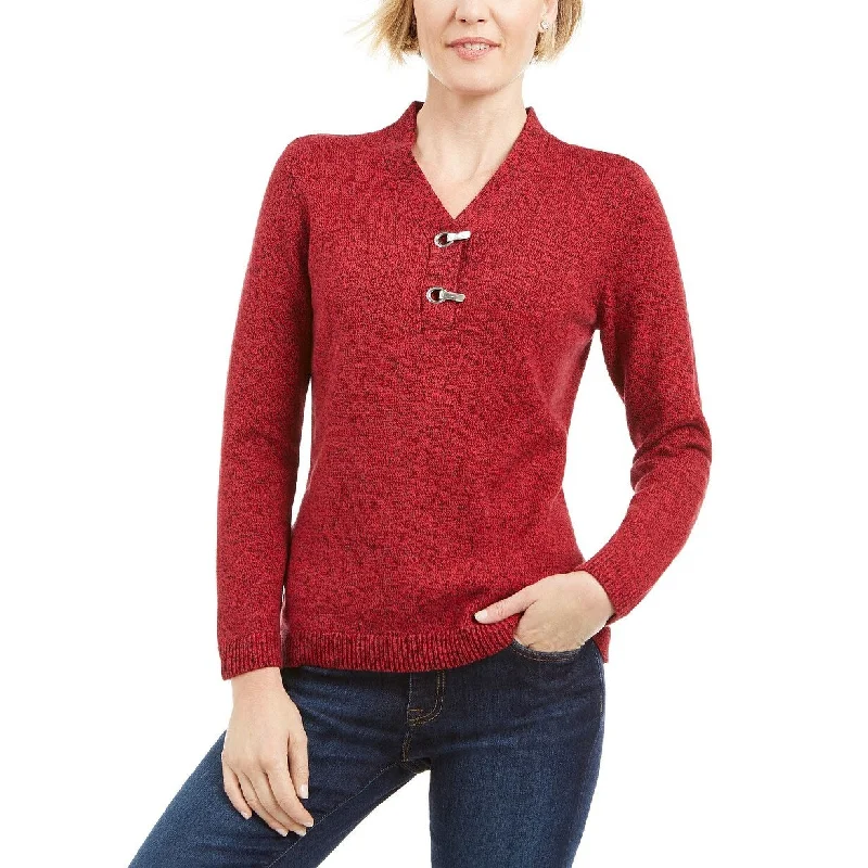 Karen Scott Women's Petite Hardware-Trim Cotton Henley Sweater Bright Red Size Petite