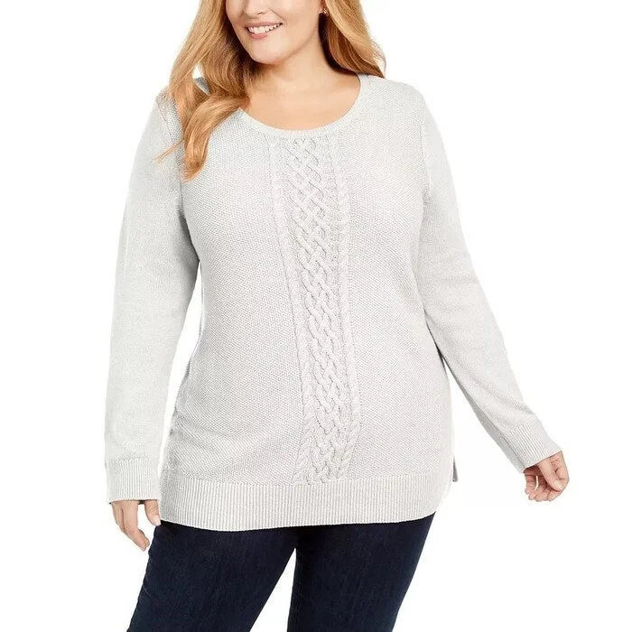 Karen Scott Women's Plus Size Cable-Knit Trimmed Sweater White Size 1X