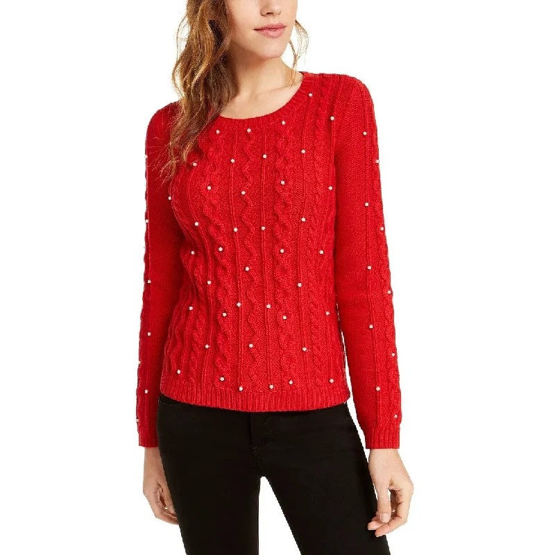 Maison Jules Women's Imitation-Pearl Cable-Knit Sweater Bright Red Size Extra Small - X-Small