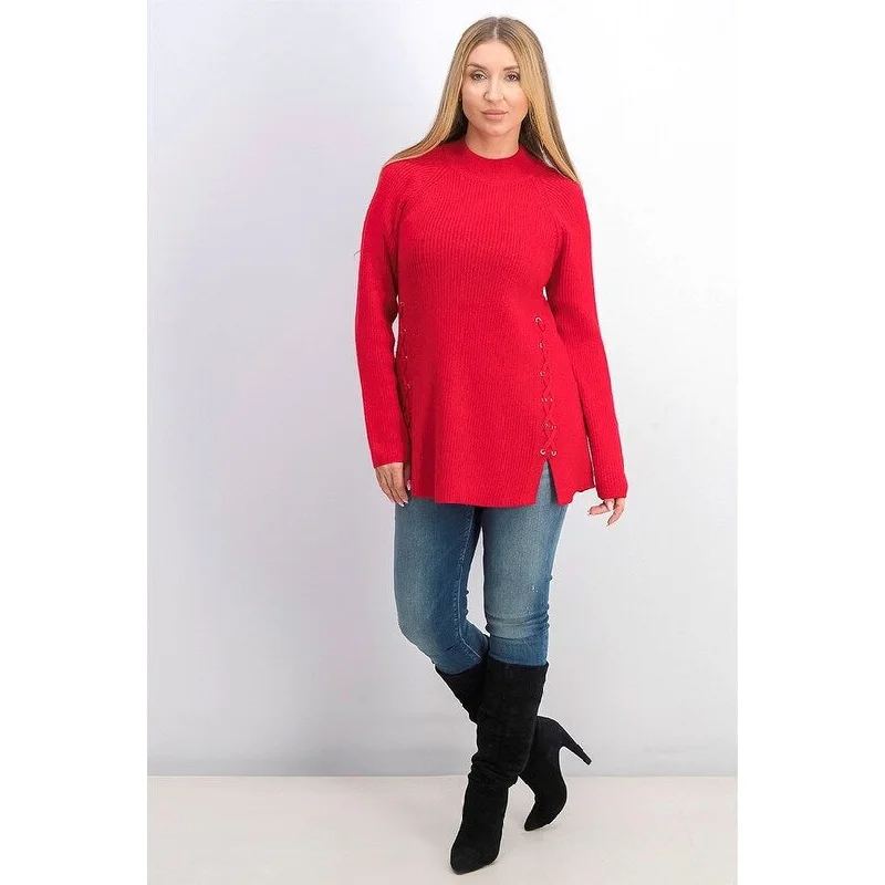 Style & Co Women's Mock Neck Lace-Up Ribbed Knit Sweater Red Polish Size Large