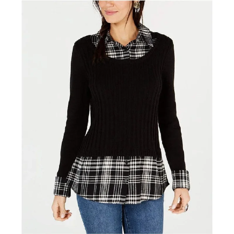 Style & Co Women's Plaid Layered-Look Ribbed Sweater Top Black Size Large