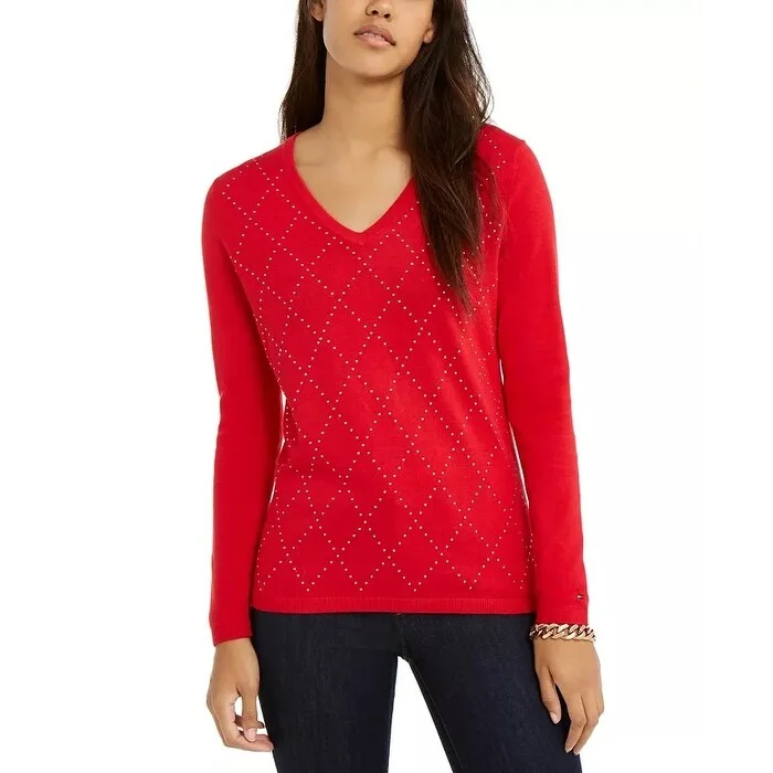 Tommy Hilfiger Women's Studded Argyle Cotton Sweater Medium Red Size X-Small