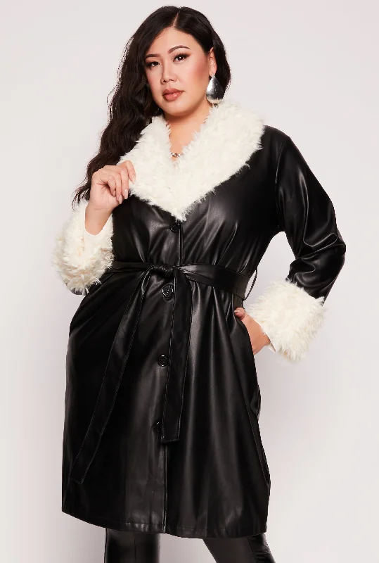 Plus Size Faux Leather Trench Coat