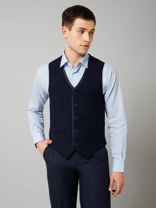 Men Navy Blue Solid Casual V-Neck Sleeveless Waist Coat