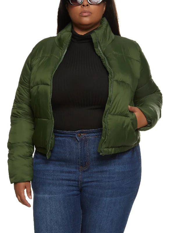 Plus Size Nylon Mock Neck Puffer Jacket