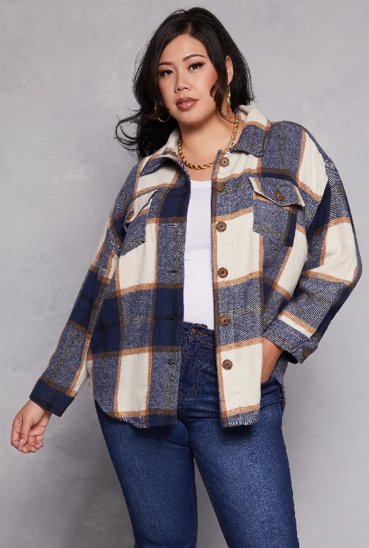 Plus Size Plaid Brushed Knit Flannel Shacket