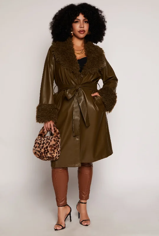 Plus Size Faux Leather Trench Coat