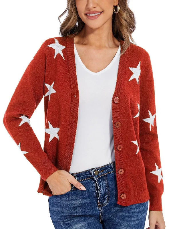 Christmas Red Stars Button-down V-neck Knitwear For Women