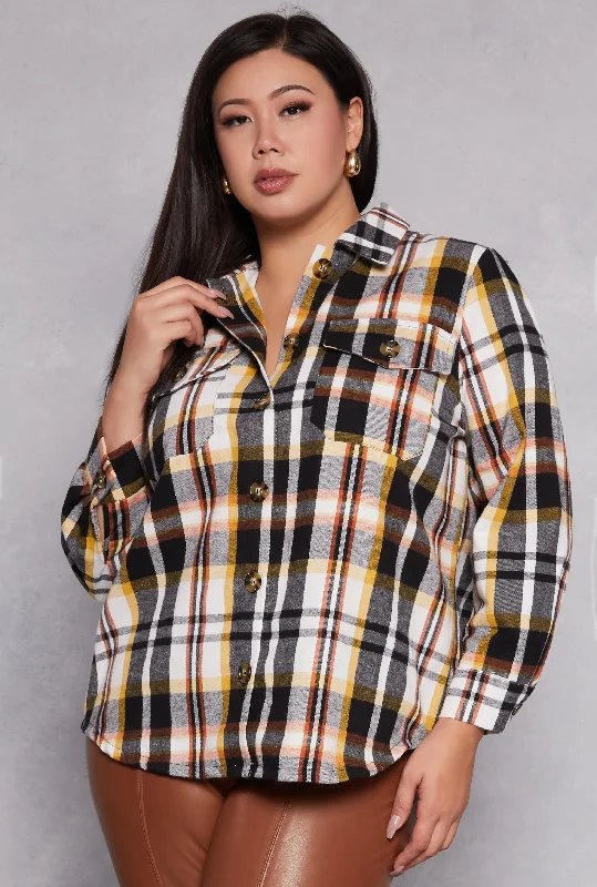 Plus Size Plaid Flannel Button Front Shacket