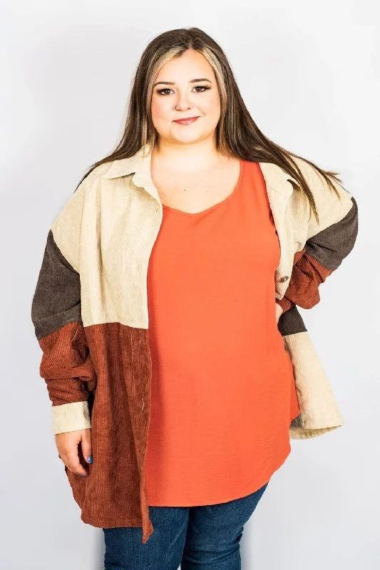 Colorblock Corduroy Button Up Shacket in Plus Size by Entro