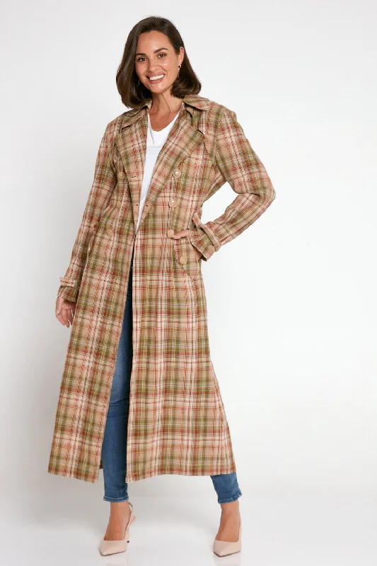 Smith Cotton Trench Coat - Camel/Olive Check